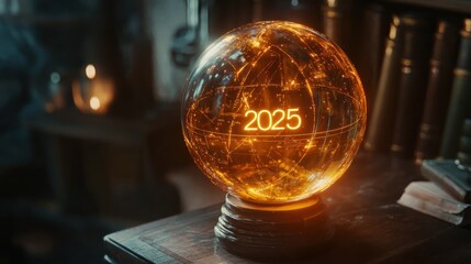 A wizard's crystal ball showing a swirling vision the written text "2025".