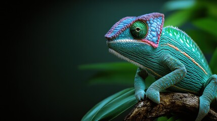 Fototapeta premium Vibrant Chameleon on Branch with Colorful Skin Patterns in Lush Greenery - Exotic Wildlife Close-Up Nature Photography