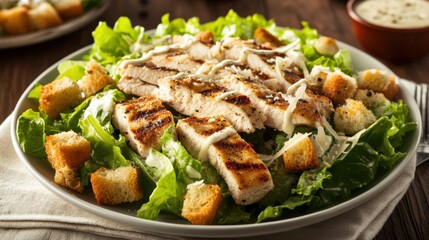 A delightful plate of chicken Caesar salad topped with grilled chicken strips, croutons, and shaved Parmesan cheese