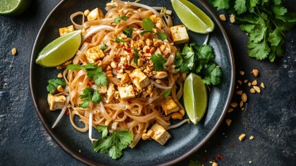 A delightful plate of chicken pad Thai noodles with tofu, bean sprouts, and peanuts