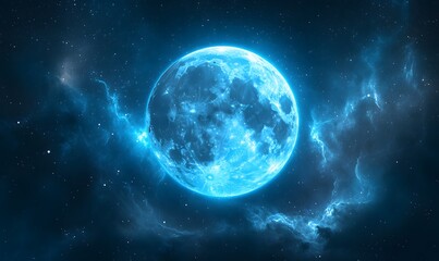 The blue supermoon casting a shimmering blue reflection or light effect on an abstract