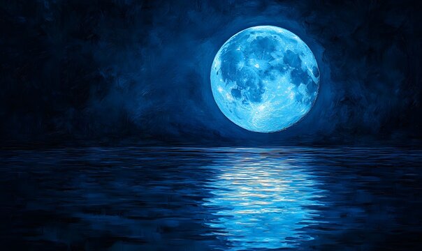 The blue supermoon with an expansive blue halo, surrounded by fain