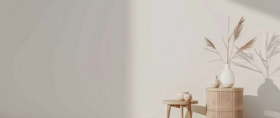 Minimalist interior design with a vase of dried flowers on a woven table and a small side table