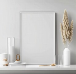 A minimalist styled white poster frame mockup with pampas grass. a candle. glasses and decorative objects on a white shelf