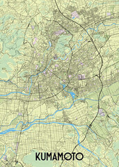 This is a detailed map of Kumamoto, Japan, rendered in a minimalist style.