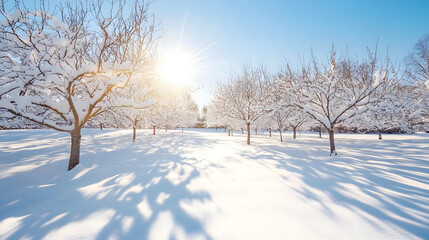 Obraz premium serene snow covered apple orchard with bare trees and sunlight