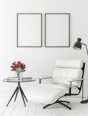 White armchair with ottoman. a glass table with flowers and two blank frames in a modern interior design setting