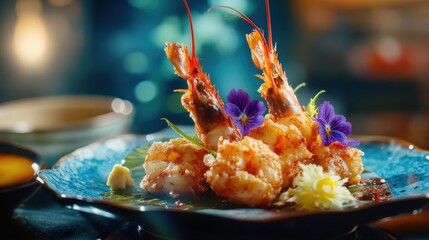 陶器の食器とグルメなシーフード料理を添えたエレガントな春のテーブルセッティング