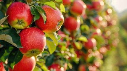 Ripe red apples ready for harvest in orchard.