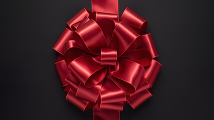 Red bow, ribbon, present, gift, celebration, holiday, wrapping, festive, shiny, glossy, vibrant, contrast, dark background, satin, curl, knot, texture, abstract, luxury, glamour, indulgence, elegance,