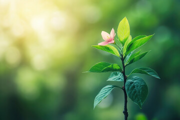 Small pink flower on a green leaf.