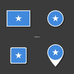 Somalia flag icon set in different shape (rectangle, circle, square and marker icon) on dark grey background. Somalia sticker icon collection on barely dark background	
