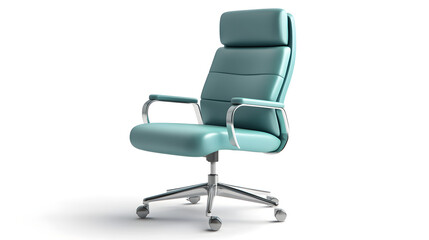 Teal leather office chair with chrome base and armrests on white background.