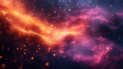 Fototapeta premium A vibrant cosmic scene of swirling colors, featuring hues of orange, pink, and purple, resembling a nebula filled with glowing particles.