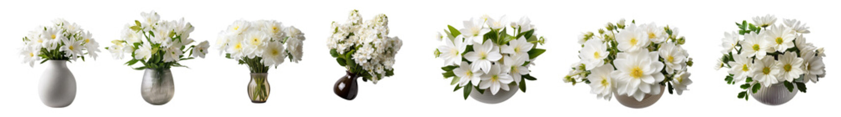 Beautiful white flower bouquets in various arrangements against a white background.