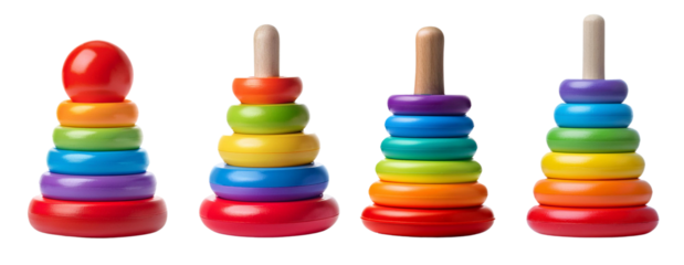 Colorful stacking rings toy on white isolated background, perfect for educational play and cognitive development.