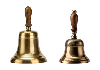Two vintage brass bells with wooden handles, isolated on a white background.