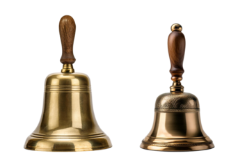 Two vintage brass bells with wooden handles, isolated on a white background.
