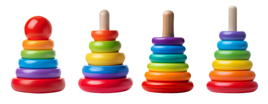 Colorful stacking rings toy on white isolated background, perfect for educational play and cognitive development.