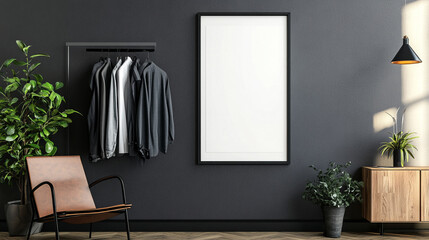 Modern interior with a minimalist design featuring clothing rack and blank frame
