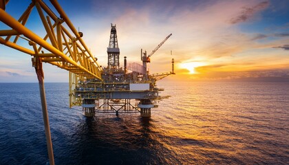 Obraz premium An offshore oil and gas wellhead remote platform operates in a vast marine environment, extracting hydrocarbons to be processed further at onshore facilities.