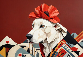 Create a modern abstract artwork inspired by Art Deco and Cubism. The composition should feature a vibrant red poppy flower with intricate details and a stylized dog - generated by ai