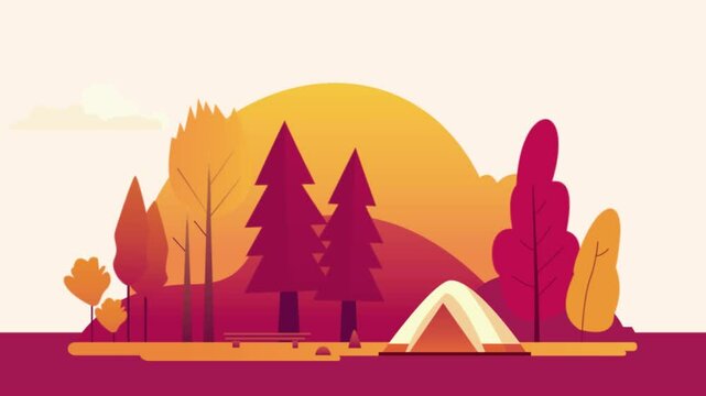 Footage of Camping Tent Nature Landscape in Forest with Pine Trees in Autumn Fall Season at Sunset Sunrise