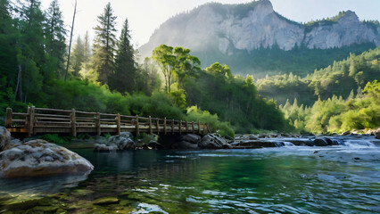 Fototapeta premium Natural waterfall in the middle of the mountain with wooden bridge walkway