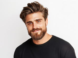 Fototapeta premium portrait of a brunette caucasian man model with trendy hairstyle