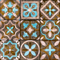 Seamless colorful ancient vintage wood texture design wall tiles for deco.