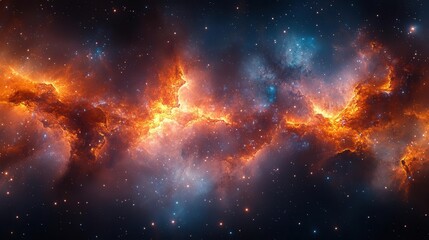 Naklejka premium A stunning cosmic landscape featuring vibrant orange nebulas against a dark starry background, evoking the vastness and beauty of the universe.