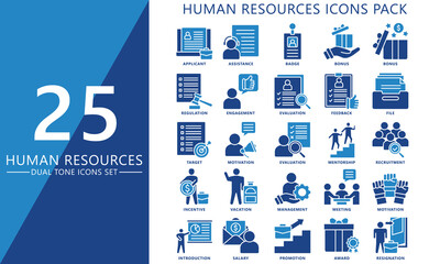 HR-human resources dual tone icons set. contain goal, applicant, training, motivation, employee, award, salary and more. Vector EPS 10 for print, digital UI, UX kit, web and app for office management.