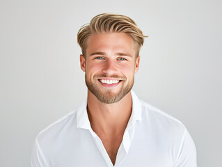 portrait of blonde caucasian man model with trendy hairstyle