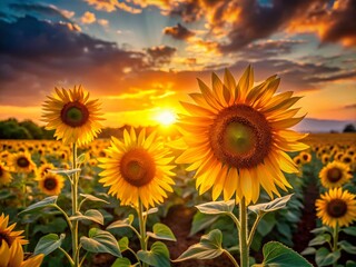 Obraz premium Bright Yellow Sunflowers Backlit by a Golden Sunset, Creating a Warm and Inviting Landscape Scene Perfect for Nature Lovers and Photography Enthusiasts