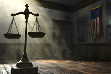 A large scale of justice stands in the center of a dimly lit room with a faded American flag hanging on the wall. A beam of light shines down on the scales, emphasizing their importance