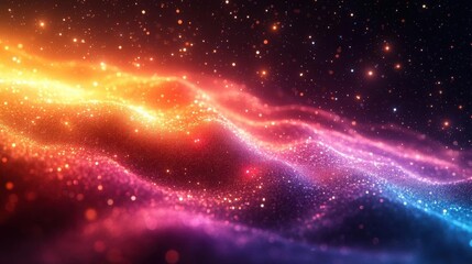 Fototapeta premium A vibrant, abstract image of flowing colors in shades of orange, pink, and blue, resembling a cosmic landscape filled with sparkling stars.