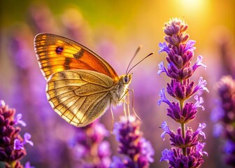 Brown and Ocher Butterfly on Violet Wildflower in Midday Light, Capturing Nature's Beauty in a Serene Field Setting with Rule of Thirds Composition