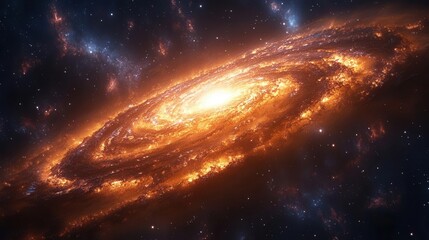 Fototapeta premium A stunning cosmic spiral galaxy radiates vibrant orange and yellow hues against a backdrop of sparkling stars and deep space.