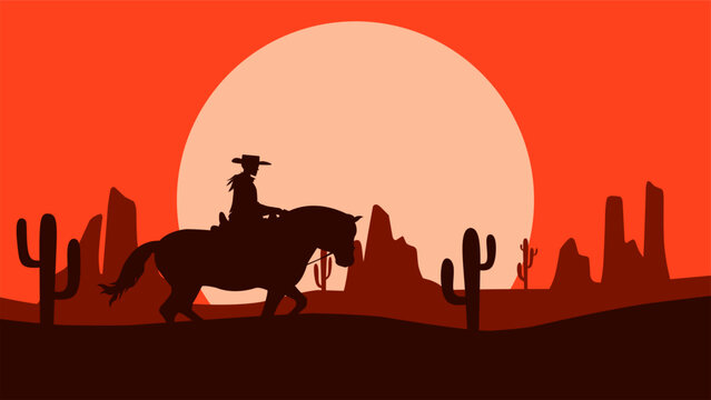 Landscape illustration of a cowboy riding a horse in the desert