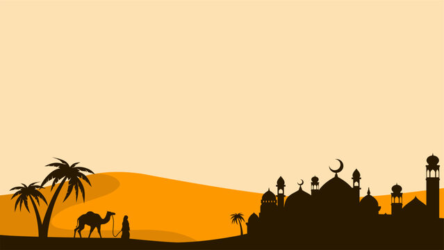 Landscape illustration of mosque silhouette and muslim traveler with camel