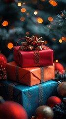 Festive gifts under a shimmering Christmas tree ,F ,Christmas gift boxes with festive lights, beautifully wrapped holiday presents, cozy Christmas atmosphere ,magical gift exchange