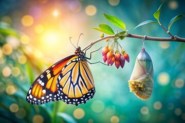 Butterfly Emerging from Chrysalis Symbolizing Transformation and New Beginnings with Soft Focus on the Left and Copy Space for Inspirational Text or Messages