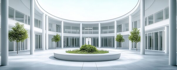 Fototapeta premium Circular courtyard surrounded by sleek white columns, a serene minimalistic architectural space, emphasizing harmony and open design