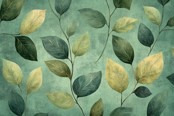 Green and gold leaf pattern on teal background, creating a vibrant and elegant decorative design.