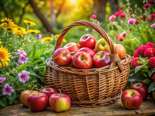 Candid Capture of a Rustic Basket Filled with Juicy Red Apples Nestled Among Lush Greenery in a Serene Garden Setting Perfect for Seasonal and Nature Photography