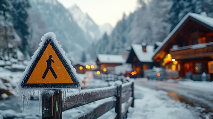 Caution Sign in a Winter Landscape with Snow-Covered Cabins and Mountains in the Background, Highlighting a Peaceful Rural Scene Perfect for Winter Themes