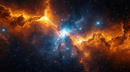 Naklejka premium A vibrant cosmic scene showcasing swirling orange and blue nebulae scattered with bright stars against a dark backdrop.