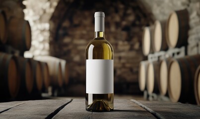 Obraz premium Minimalist elegance: bottle of wine with blank label positioned prominently on table, surrounded by overflowing wooden barrels in spacious room, luxurious drink presentation, classic architecture.