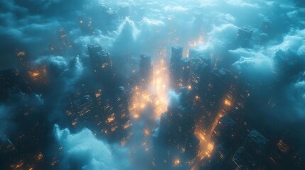 Fototapeta premium A dreamy cityscape shrouded in clouds, illuminated by glowing lights, creating a mystical atmosphere.