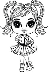 Cute little girl in a doll costume. Hand drawn vector illustration.